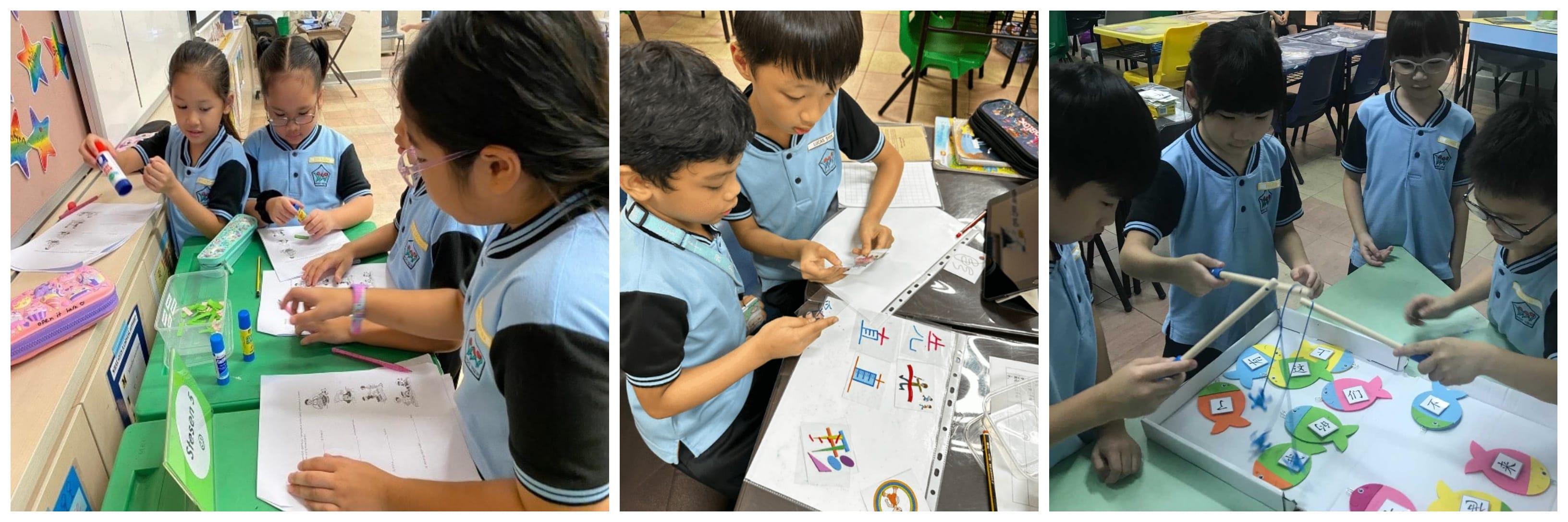 Young students in blue uniforms doing classroom activities: writing, studying Chinese character cards, and fishing for colorful paper fish.